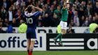 Ireland’s Brian O’Driscoll celebrates at the final whistle of the Six Nations Championship at Stade de France, Paris in 2014. Photograph: Billy Stickland/Inpho
