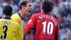 Arsenal’s Martin Keown taunts Manchester United’s Ruud van Nistelrooy after he missed a penalty given away by Keown in the final minutes of the game at Old Trafford on September 21st, 2003. Photograph: Paul Barker/AFP via Getty Images