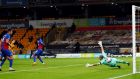 Wolverhampton Wanderers’ Rayan Ait-Nouri scores against Crystal Palace at Molineux. Photograph: PA