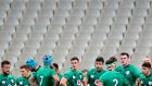 The Irish squad look on after France’s Antoine Dupont scores a try. Photograph: James Crombie/Inpho
