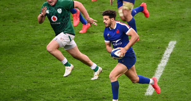 France outhalf Romain Ntamack in action during the Six Nations game against Ireland at the Stade de France. Photograph:  Franck Fife/AFP via Getty Images