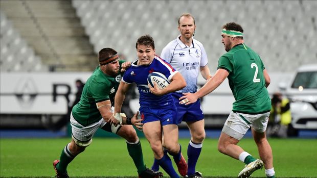 Ireland’s CJ Stander tackles France’s Antoine Dupont in Paris. Photograph: Dave Winter/Inpho