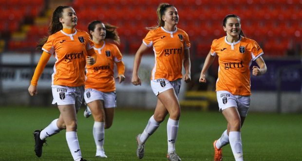  Glasgow City players celebrate after their penalty shoot-out win over Peamount United  in the  Uefa Women’s Champions League qualifier  at Broadwood Stadium  in Glasgow. Photograph: Ross MacDonald/SNS Group via Getty Images