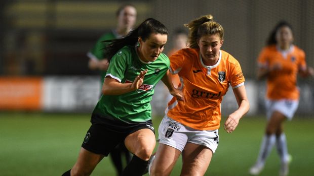Peamount’s Niamh Farrelly and Aoife Colvill in action during the Uefa Women’s Champions League qualifier at Broadwood Stadium in Glasgow. Photograph: Ross MacDonald/SNS Group via Getty Images