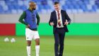 Republic of Ireland manager Stephen Kenny talks to David McGoldrick ahead of the Euro 2020 playoff against Slovakia. Photograph: Alexander Hassenstein/Getty Images
