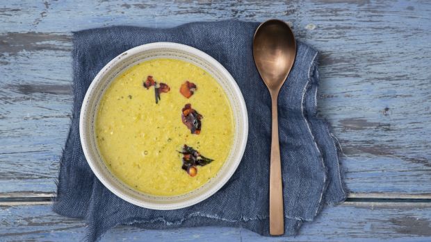 Curried sweetcorn and coconut soup. Photograph: Harry Weir Photography