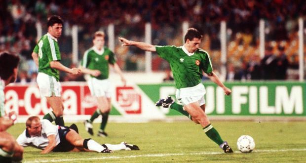 World Cup, Stadio Sant’Elia, Cagliari, Italy,  1990. Ireland’s  Kevin Sheedy scores a vital goal. File photograph: Inpho