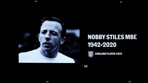 A tribute to Nobby Stiles at Wembley. Photograph: PA