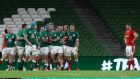   James Lowe of Ireland celebrates with team mates after scoring his  try against Wales. Photograph: Brian Lawless/Getty Images