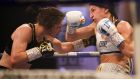 Ireland’s Katie Taylor piles the pressure on Miriam Gutierrez of Spain at the  Wembley Arena in London. Photograph: Matchroom Boxing/Mark Robinson/Inpho