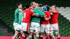 Tempers flare between Ireland and Wales players during the Autumn Nations Cup clash at the Aviva Stadium, Dublin.  Photograph: Dan Sheridan/Inpho 