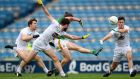 Meath’s Cillian O’Sullivan scores under pressure from Kildare in the Leinster GAA SFC  semi-final at Croke Park on Sunday. Photograph: Ryan Byrne/Inpho