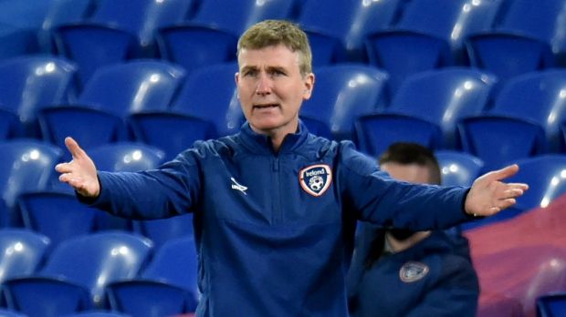 Stephen Kenny looks on during Ireland’s defeat in Cardiff. Photograph: Peter Powell/EPA