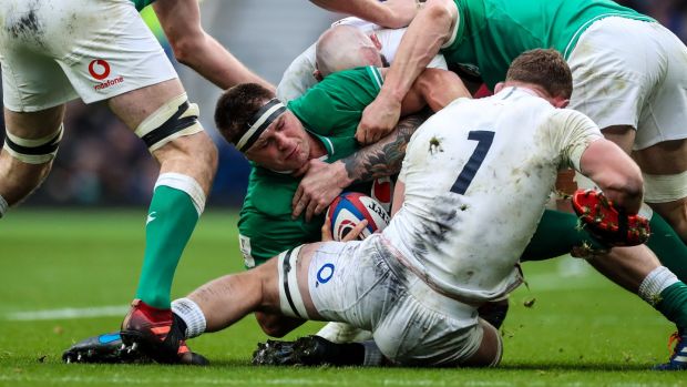 Sam Underhill tackles CJ Stander during England’s win over Ireland in Feburary. Photograph: Billy Stickland/Inpho