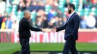 England coach Eddie Jones shakes hands with his Ireland counterpart Andy Farrell before the Six Nations game at Twickenham in February. Photograph: Warren Little/Getty