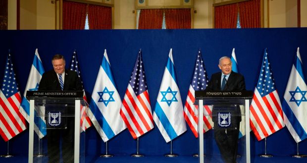 US secretary of state Mike Pompeo and Israeli prime minister Benjamin Netanyahu making a joint statement after meeting in Jerusalem on Thursday. Photograph: Maya Alleruzzo/pool/AFP via Getty Images
