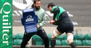 Ireland head coach Andy Farrell and captain James Ryan during the Captain’s Run at Twickenham on Friday ahead of Saturday’s Autumn Nations League game. Photograph: Billy Stickland/Inpho