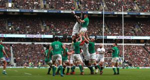  CJ Stander and  Maro Itoje  compete at the lineout  during the 2020 Six Nations match at Twickenhan. Photograph: David Rogers/RFU Collection via Getty Images