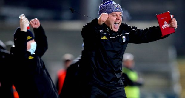 Cavan manager Mickey Graham celebrating his team’s goal against Donegal in the Ulster  final. Photograph:  Ryan Byrne/Inpho