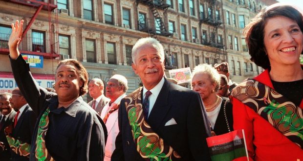 David Dinkins marching at the front of the 29th annual African-American Day Parade in Harlem, flanked by Al Sharpton and Ruth Messinger, in 1997. Photograph: Michael Schmelling/AP