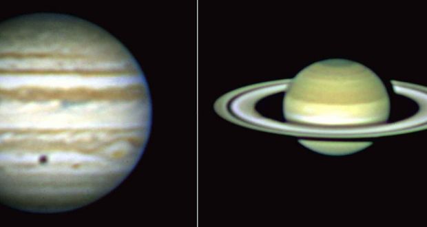 A file combination photograph of Jupiter (L) and Saturn as taken by the Subaru telescope on Mount Mauna Kea on the island of Hawaii. Photograph: Tokyo Astronomical Observatory