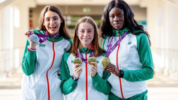Sophie O’Sullivan, Sarah Healy and Rhasidat Adeleke with their European Athletics Under-18 Championship medals in 2018. Photograph: Bryan Keane/Inpho