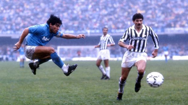 Diego Maradona in action for Napoli against Juventus. Photograph: Alessandro Sabattini/Getty Images