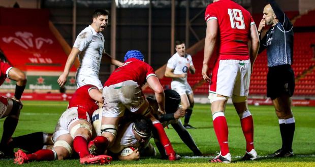  Mako Vunipola gets over to score England’s second try during the  Autumn Nations Cup against Wales at  Parc y Scarlets. Photograph: Robbie Stephenson/Inpho