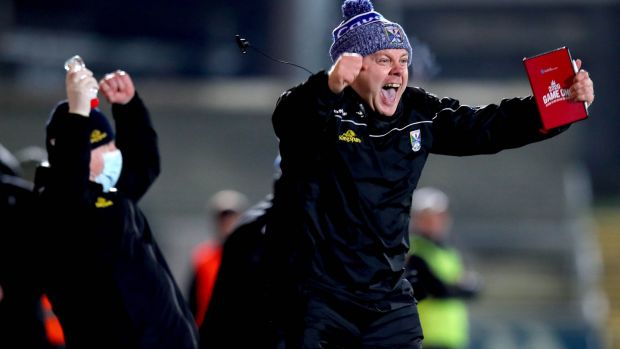 Mickey Graham celebrates Cavan’s opening goal against Donegal. Photograph: Ryan Byrne/Inpho