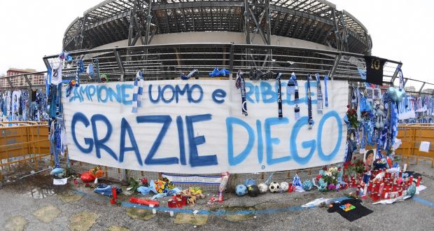 Tributes to Diego Maradona outside Napoli’s home ground. Photo: Francesco Pecoraro/Getty Images