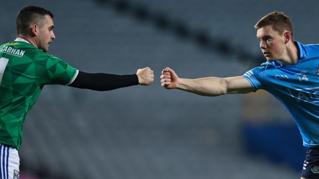 Cavan goalkeeper Raymond Galligan and Dublin’s Con O’Callaghan fist bump after the game. Photograph: Tommy Dickson/Inpho