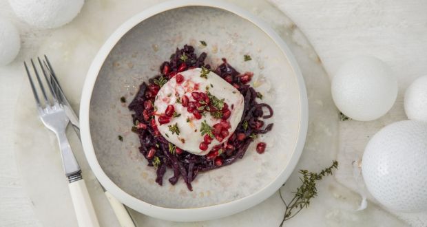 Burrata, sticky red cabbage, pomegranate and orange.  Photograph: Harry Weir