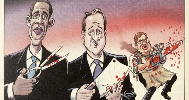  How to Cut by Peter Schrank: a detail from the  cartoon representing Obama’s, Cameron’s and Cowen’s budget cuts in 2010