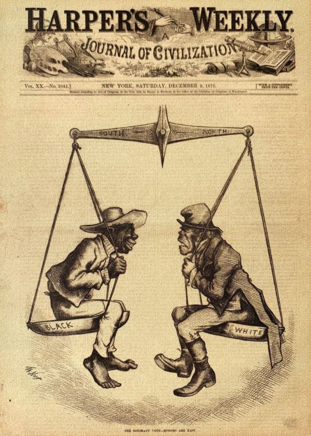 Thomas Nast - The Ignorant Vote - Honors are Easy. A cartoon that uses stereotypes of both an Irish figure and an African American figure in 1876