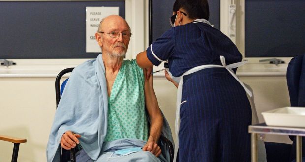 No drama: William ‘Bill’ Shakespeare (81) receives the Covid-19 vaccine at University Hospital in Coventry. Photograph: Jacob King/PA Wire/Bloomberg