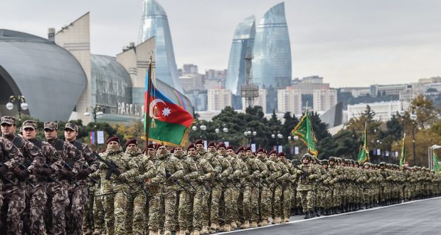 Azerbaijani soldiers during a military parade dedicated to the victory in the Nagorno-Karabakh armed conflict, in Baku, Azerbaijan. Photograph: EPA