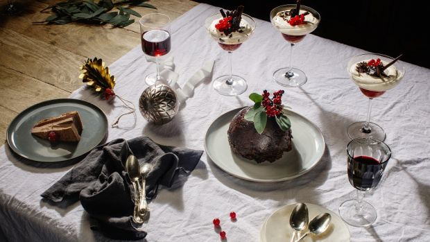 Don’t stop at one dessert, says Derry Clarke. He’ll be serving a decadent chocolate mousse tart with salted ganache and raspberries (left), traditional plum pudding (centre) and sherry trifle with blackberries (top)