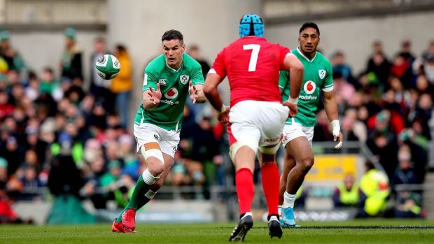 Ireland’s Johnny Sexton led from the fronta against Wales. Photograph: Ryan Byrne/Inpho