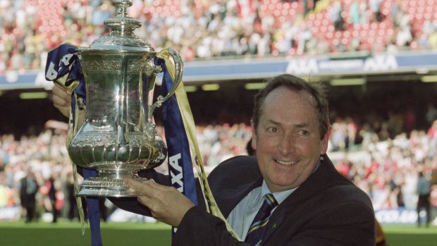 Gérard Houllier celebrates Liverpool’s 2001 FA Cup final win over Arsenal. Photograph: Ross Kinnaird/Getty
