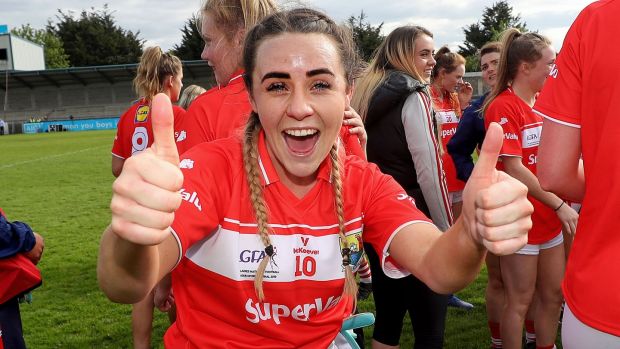 Cork’s Orlagh Farmer celebrates after beating Galway to win Division One. Photo: Bryan Keane/Inpho