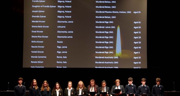 Students read out the names of Holocaust victims on National Holocaust Memorial Day, at Mansion House, Dublin, in 2018. Photograph: Tom Honan
