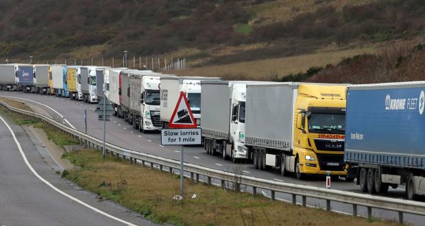 Lorries queue on the A20 to enter the port of Dover in Kent on Saturday. Photograph: Gareth Fuller/PA Wire.