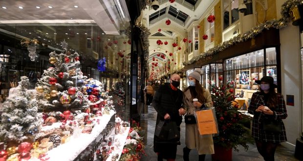 Shoppers walk through London’s Burlington Arcade after  British prime minister Boris Johnson delivered a televised statement announcing more restrictions for the southeast of England on Saturday. Photograph: Facundo Arrizabalaga/EPA