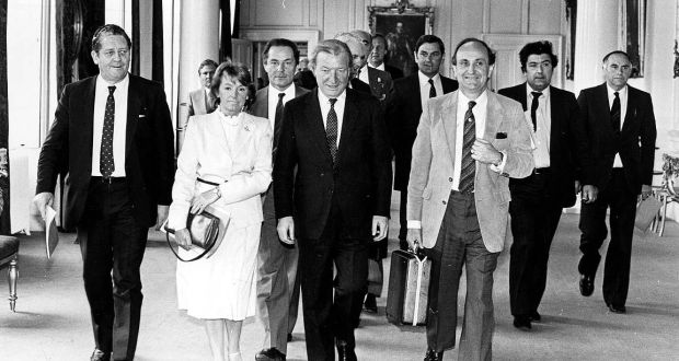 Former taoiseach Charles Haughey with former minister for foreign affairs Gerry Collins (front right). Photograph: Eddie Kelly/The Irish Times