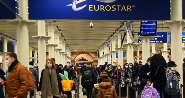  Travellers at Kings Cross St Pancras train station queue to board trains to Paris on Sunday. Photograph: EPA   