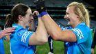 Dublin’s Sinéad Aherne and Carla Rowe celebrate after winning the TG4 All-Ireland Ladies’ Senior Football Championship final at  Croke Park on Sunday. Photograph: Tommy Dickson/Inpho