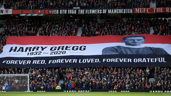 Old Trafford remembers former player Harry Gregg. File photograph: Getty Images)