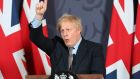 Britain’s prime minister Boris Johnson gestures as he holds a remote press conference to announce the reaching of a Brexit trade deal. Photograph: Getty 