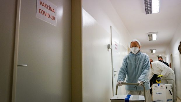 The arrival of Pfizer-BioNTech vaccines to a hospital in Nitra, Slovakia on Saturday. Slovakia started vaccinating this evening. Photograph: EPA