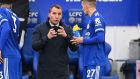 Leicester  manager Brendan Rodgers speaking to  defender Timothy Castagne  during the  match against  Manchester United at King Power Stadium in Leicester. Photograph:  Michael Regan/pool/AFP